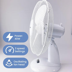 Schallen 16 Inch Electric Desk Fan Oscillating Table Fan 3 Speed Quiet Cooling Fan Adjustable Head Worktop Office Home Bedroom Air Circulator Fan Modern Design Portable Electric Desk Fan White Black or Grey UK Plug Summer Cooling Fan