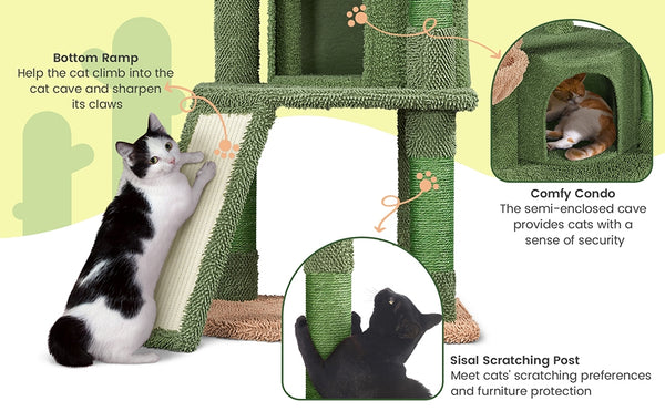 Costoffs Cat Tree, 107cm Cactus Cat Tree, Cat Furniture with Natural Sisal, Cactus Cat Tower with Platform, Condo, Basket, Scratching Posts, Board & Hanging Ball, Cat Furniture for Small/Medium Cats