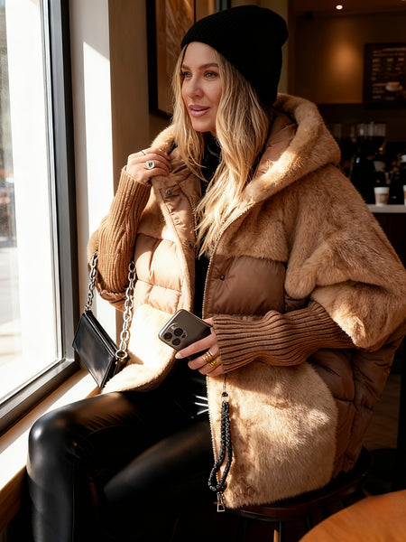 Women's Relaxed-fit New Patchwork Coat with Hooded Design, Dropped Shoulders, Plush Fabric, and Concealed Front Zip Fastening. Ideal for Winter Leisure Wear, Street Style Outfits, and Everyday Outings.