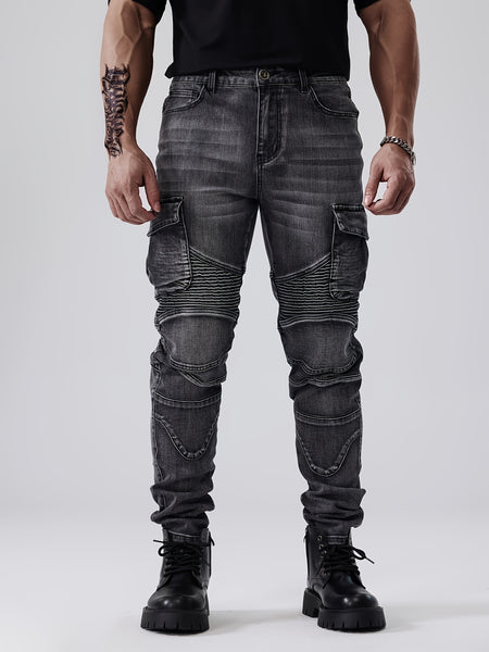 ESDVQ Men's Stretch Jeans - Slim Fit Stretch Pants with Multiple Utility Pockets, Stretch Denim for Everyday & Formal Wear - All-Season Skinny Jeans for Men, Casual Outfit, Edgy Fashion, Reinforced Seams, Stylish Trousers, Fashion Enthusiasts