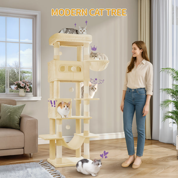 Cat Tree for Indoor Cats, 170cm Large Tall Cat Tower, Multi-Level Cats House with Condo, 8 Scratching Posts, Hammock, 4 Pom Poms