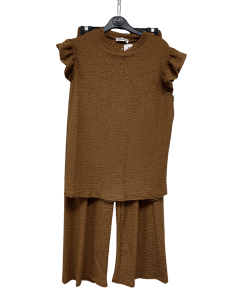 Women'S Textured Cheesecloth Frill Sleeve Top Trouser 2pcs Co Ord Loungewear Set