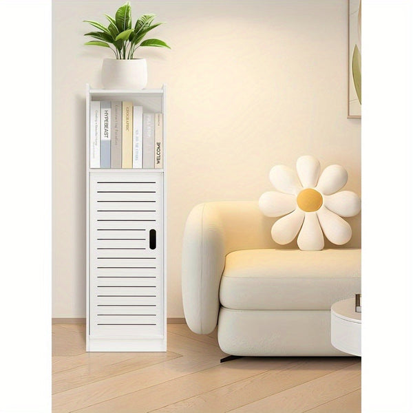 Bathroom Storage Cabinet | White Wood-Plastic Freestanding Organizer | 3-Tier with Slatted Doors & Open Shelf | Space-Saving Design for Bathroom, Kitchen, Bedroom | Modern Minimalist Style, Versatile Cabinet | Slatted Door Design | Woodplastic Material, B