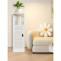 Bathroom Storage Cabinet | White Wood-Plastic Freestanding Organizer | 3-Tier with Slatted Doors & Open Shelf | Space-Saving Design for Bathroom, Kitchen, Bedroom | Modern Minimalist Style, Versatile Cabinet | Slatted Door Design | Woodplastic Material, B
