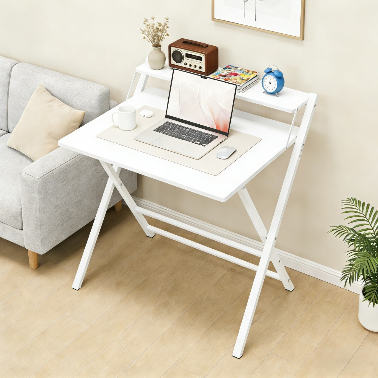 Costoffs 2-Tier Foldable Computer Desk with Monitor Shelf, Portable Laptop Table for Home Office Dorm Small Space, Modern Compact PC Desk, Black/White/Wood