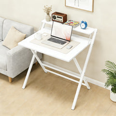 Costoffs 2-Tier Foldable Computer Desk with Monitor Shelf, Portable Laptop Table for Home Office Dorm Small Space, Modern Compact PC Desk, Black/White/Wood