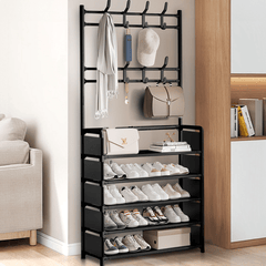 1pc Black Coat Rack Shoe Storage 5 Tiers Metal Stand 8 Hooks Shelves 80Cm Widened for Living Room Bathroom Hallway Office Xmas Gift