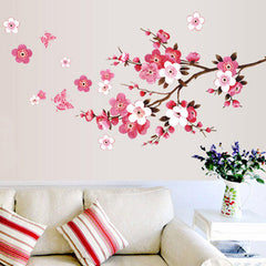 2PCS Pink Blossom Tree Flower Wall Stickers Vinyl Art Decals Glossy Polyvinyl Wall Sticker for Bedroom, Living Room, Bathroom Decor