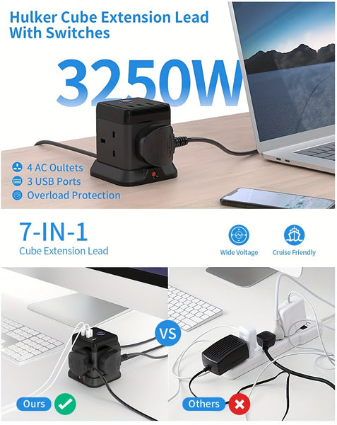 Cube Extension Lead with 3 USB Slots 13A 3250W Hulker 4 Gang Plug Extension Socket with Switch 4 Way Power Strip with 3 USB Port 1.5m Extension Cord Black for Home Dorm Office Travel