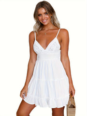 Women'S Summer Mini Cami Dress Sleeveless Open Back V-Neck Tiered Lace Spaghetti Strap Dress