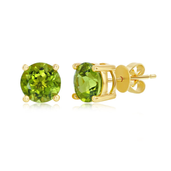 Round Cut Peridot Stud Earrings, 14Ct Yellow Gold