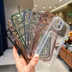 Phone case: Electroplated Transparent Card Slot Holder Case for iPhone 15 14 Plus 13 12 11 Pro Max Plating Photo Pocket Shockproof Cover