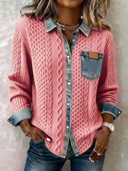 Women's Patchwork Denim Shirt Autumn/Winter Fashion Long-Sleeved Cardigan Versatile 2pcs Style Denim Collar Top Casual Vintage Aesthetic Ideal for Autumn/Winter Commuting, Office Wear, Casual Outings, and Layering