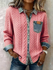 Women's Patchwork Denim Shirt Autumn/Winter Fashion Long-Sleeved Cardigan Versatile 2pcs Style Denim Collar Top Casual Vintage Aesthetic Ideal for Autumn/Winter Commuting, Office Wear, Casual Outings, and Layering