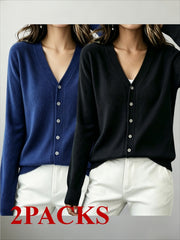 2pcs (2-Pack) Women's Soft Cardigan Sweater - V-Neck Button Button-Front Closure, -Line Regular Fit Button Collar Sweaters Suitable for Daily Wear, Spring/Summer Blouses for Office, Casual & Layering
