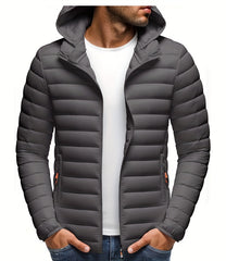Men's Stand Collar Hooded Jacket - Warm, Windproof Thickened Coat, Detachable Hood, Solid Color Design, Thickened Nylon Fabric for Cold Weather, Casual Style, Zip Closure, Dry Clean Only, Winter Stand Collar Hooded Thickened Coat