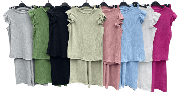 Women'S Textured Cheesecloth Frill Sleeve Top Trouser 2pcs Co Ord Loungewear Set