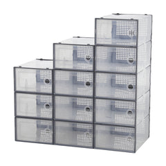 Pack of 12 Stackable Shoe Boxes Shoe Storage Organisers, Sturdy & Durable, Space Saving, Shoe Organizer Containers with Lids for Women/Men, Ideal for Entryway, Closet, Living Room, Bedroom, Office, Dorm, Fit Up To UK Size 9.5, 23x33x14cm