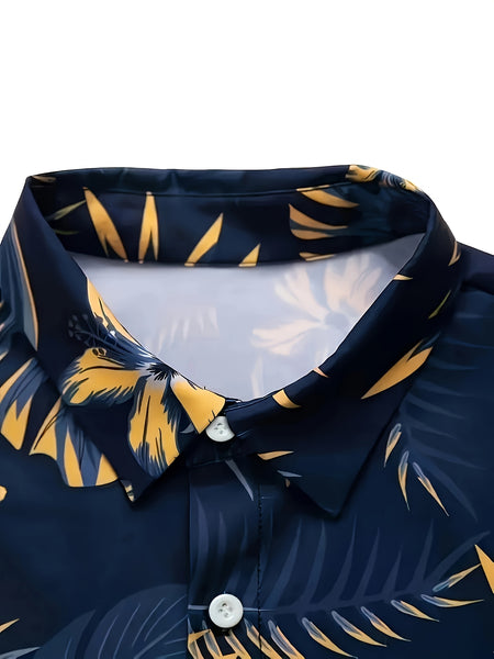 3pcs Men'S Tropical Hibiscus & Palm Leaf Print Short Sleeve Summer Shirts - Breathable Non-Stretch Fabric, Button-Up Collar Casual Button-Up Shirt with Tropical, Hibiscus & Palm Leaf Design, Machine Washable, Perfect For Beach, Vacation