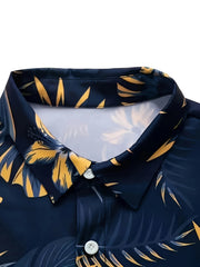 3pcs Men'S Tropical Hibiscus & Palm Leaf Print Short Sleeve Summer Shirts - Breathable Non-Stretch Fabric, Button-Up Collar Casual Button-Up Shirt with Tropical, Hibiscus & Palm Leaf Design, Machine Washable, Perfect For Beach, Vacation