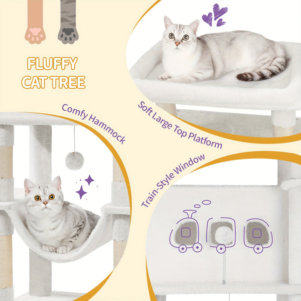 Cat Tree for Indoor Cats, 210cm Large Tall Cat Tower, Multi-Level Cats House with Condo, 8 Scratching Posts, Hammock, 4 Pom Poms