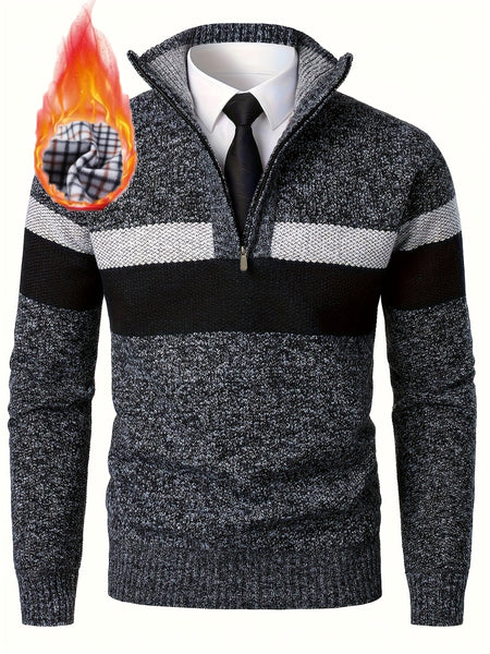 Men'S Thickened Knitted Pullover Sweater with a Color Block Design And Stand Collar, Made from Plus Velvet