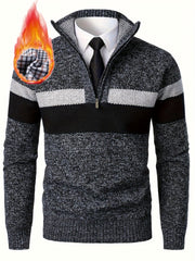 Men'S Thickened Knitted Pullover Sweater with a Color Block Design And Stand Collar, Made from Plus Velvet