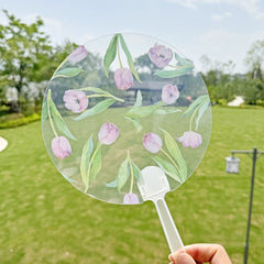30pcs Elegant Floral Hand Fans, Craft with Plastic Handle, Pink Cherry Blossom And Green Leaves Design for Weddings, Music Festivals, Outdoor Events, Parties