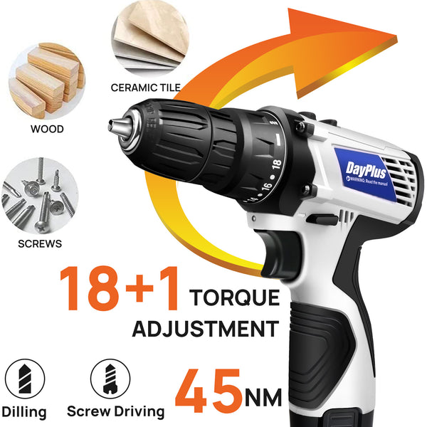 Cordless Drill Driver Power Combi Drill Kit Electric Screwdriver Set with 2-Speed, 18+1 Torque 3/8