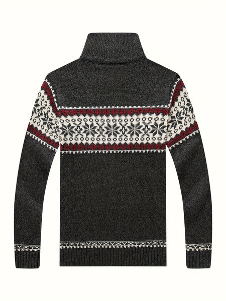New Autumn And Winter Casual Men'S Knitted Cardigan, Featuring a Thick Ethnic-Style Snowflake Jacquard with a Stand-Up Collar And Zipper. This Stylish Long-Sleeve Sweater Jacket Is Perfect for Men'S Daily Wear in The Fall And Winter