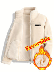 Women's Spring Casual Jacket, Thickened Shaggy Warm Printed Reversible Coral Sweatshirt, Double-Sided Outerwear