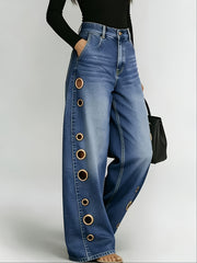 New Retro Style Denim Jeans for Women, with Metal Eyelets Designed for Casual And Loose Fit, High Waisted And Wide Leg Jeans, Street Cool Women'S Clothing, Black Retro Blue Light Blue Women'S Straight Leg Denim Pants