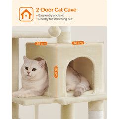 112 cm Cat Tree, Multi-Level Soft Plush Cat Tree, Cat Tower Condo with 4 Cat Scratching Posts, Hammock, Cave, Platform, Toys, Pink/White/Beige/Grey, Easy Assembly and Sturdy, Indoor Cat Furniture