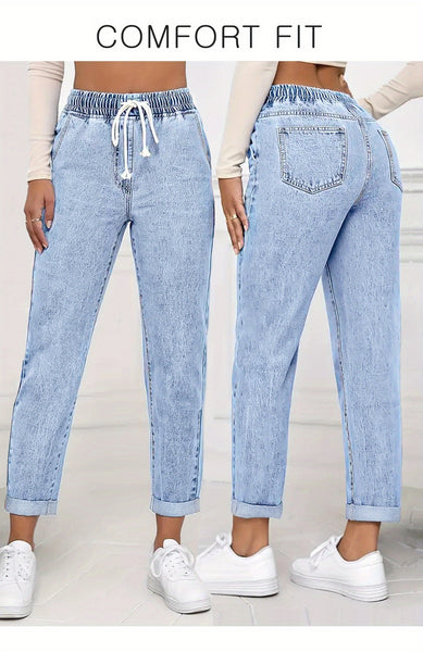Ladies' 2026 New Elastic Waist Drawstring Slim-Fit Nine-Point Jeans, Acid-Washed Light Blue Rolled Hem Straight-Leg Denim Pants, Elegant Women'S Clothing, Tapered Pants Suitable for All Seasons, Pocketed Mom Jeans
