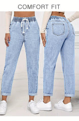 Ladies' 2026 New Elastic Waist Drawstring Slim-Fit Nine-Point Jeans, Acid-Washed Light Blue Rolled Hem Straight-Leg Denim Pants, Elegant Women'S Clothing, Tapered Pants Suitable for All Seasons, Pocketed Mom Jeans