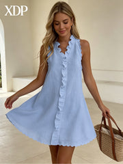Women's Scalloped Edge Ruffle V-Neck Mini Dress, Casual Sleeveless Swing Dress for Daily