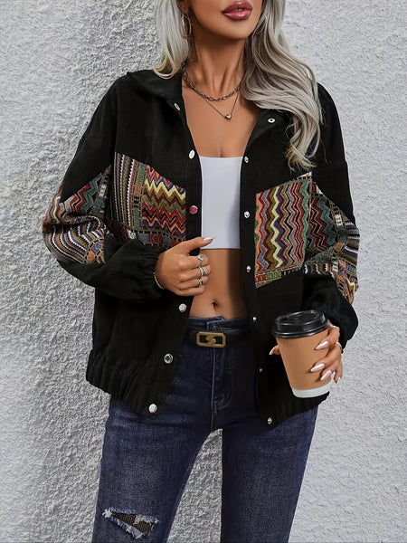 Pieced Ethnic Style Long Sleeve Flap Collar Casual Jacket for Women