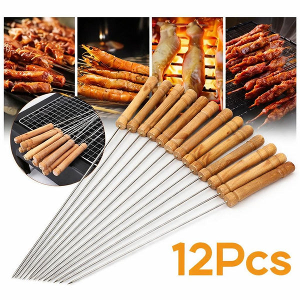 Mini 12pcs Reusable Stainless Steel Metal BBQ Skewers with Metal & Wooden Handle, Barbecue Sticks Brochettes Safe Grill Tools for BBQ, Family Gathering, Cocktail, Party Essential, Friends, Outdoor Kebab 29.5cm