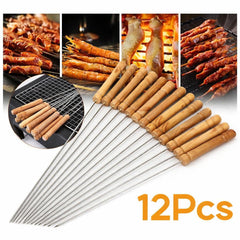 Mini 12pcs Reusable Stainless Steel Metal BBQ Skewers with Metal & Wooden Handle, Barbecue Sticks Brochettes Safe Grill Tools for BBQ, Family Gathering, Cocktail, Party Essential, Friends, Outdoor Kebab 29.5cm