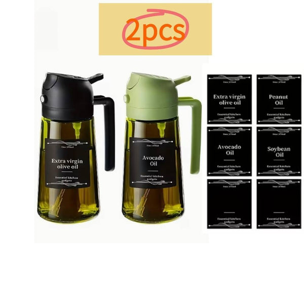 2 Kitchen Glass Olive Oil Bottles with 6 Stickers, Oil Dispenser and Cooking Spray Device, 16oz Premium Dark Green Glass Oil Bottle, Perfect Cooking Tool for Grilling, Camping, and Salads, Nozzle Design for Easy Cleaning, Suitable for Cooking