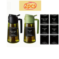 2 Kitchen Glass Olive Oil Bottles with 6 Stickers, Oil Dispenser and Cooking Spray Device, 16oz Premium Dark Green Glass Oil Bottle, Perfect Cooking Tool for Grilling, Camping, and Salads, Nozzle Design for Easy Cleaning, Suitable for Cooking
