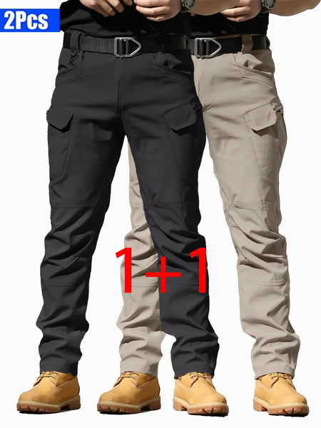 2pcs Men'S Tactical Cargo Pants, Multi-Pocket Casual Style, Elasticity Composite Fabric, Breathable, Suitable for Casual Outing, Hiking, Outdoor Sports, Worn by Middle-Aged And Elderly, Spring And Autumn Style (Belt Excluded)