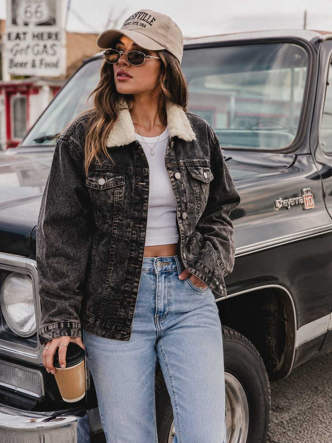Women'S Sherpa Lined Denim Trucker Jacket – Warm Button-Up Jean Coat, Long Sleeve Casual Winter Outerwear