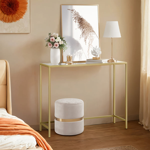 Modern Retro Glass Console Table with Golden Frame & Tempered Glass Top - Sturdy Sofa Table for Living Room, Hallway, Entryway - Space-Saving Narrow Design, Easy Assembly, Low-Maintenance Surface, Compact Accent Table for Small Spaces, Apartments, Apartme