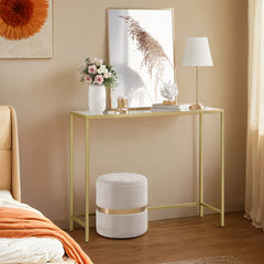 Modern Retro Glass Console Table with Golden Frame & Tempered Glass Top - Sturdy Sofa Table for Living Room, Hallway, Entryway - Space-Saving Narrow Design, Easy Assembly, Low-Maintenance Surface, Compact Accent Table for Small Spaces, Apartments, Apartme
