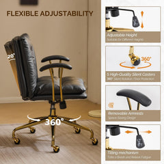 Office Chair Desk Chair with Wheels & Removable Armrests Gold Base Vanity Chair with Back Adjustable Rolling Swivel Computer Task Chair PU Leather