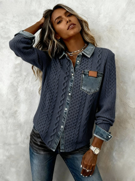 Women's Patchwork Denim Shirt Autumn/Winter Fashion Long-Sleeved Cardigan Versatile 2pcs Style Denim Collar Top Casual Vintage Aesthetic Ideal for Autumn/Winter Commuting, Office Wear, Casual Outings, and Layering