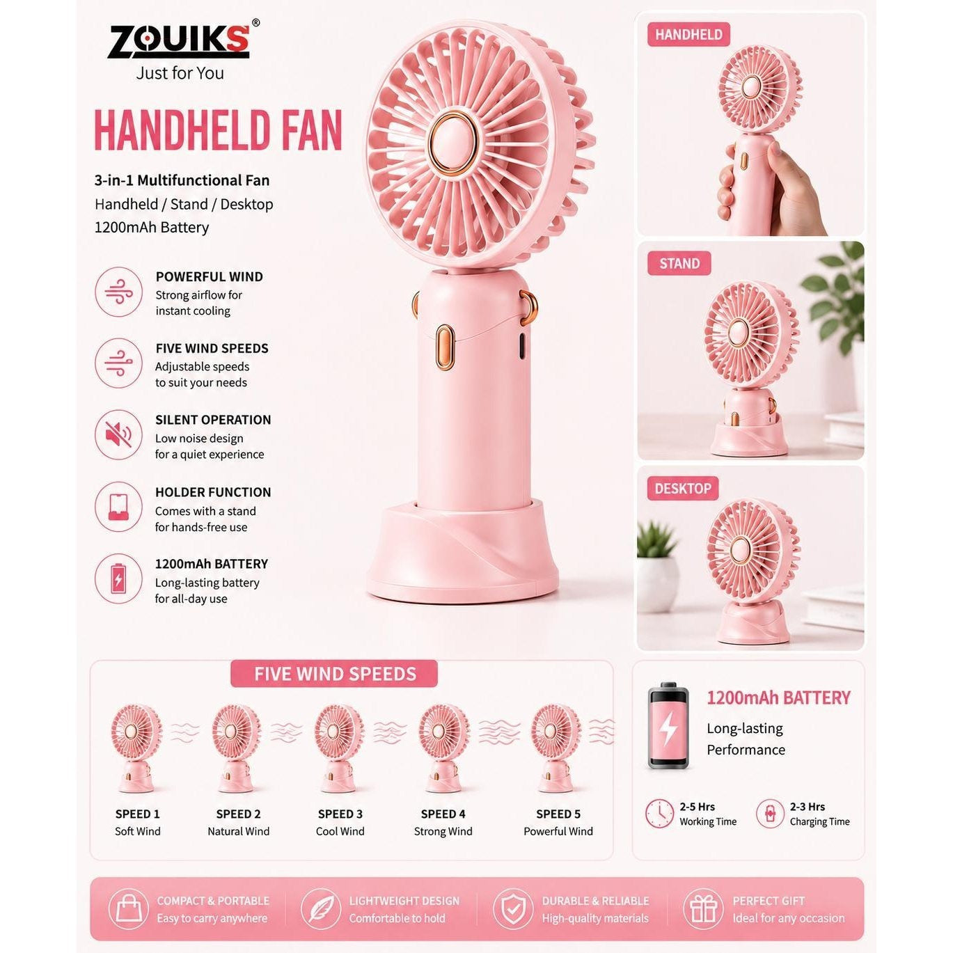 Rechargeable Handheld Fan Portable Mini USB Cooling Fan 5 Speed Silent Desktop Fan