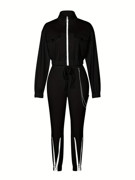 Cross-Border Women'S Two-Piece Set Zipper Long-Sleeved Top Pants Stitching Zipper Design Casual Suit