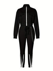 Cross-Border Women'S Two-Piece Set Zipper Long-Sleeved Top Pants Stitching Zipper Design Casual Suit